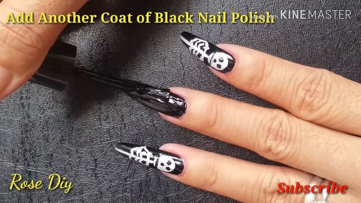 skeleton nail design tutorial for halloween, Applying a second coat of black nail polish