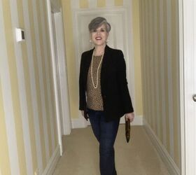 black blazer outfit six different looks, Me in a black blazer with a leopard sweater long strand of pearls skinny dark wash jeans and nude D orsay pumps