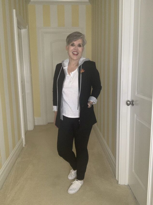 black blazer outfit six different looks, Black blazer with a gray hoodie insert whote tee white sneakers and black joggers