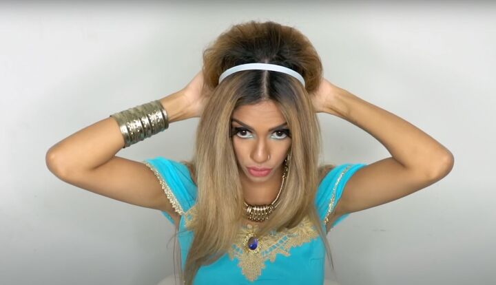 disney s princess jasmine dress and hair tutorial for halloween, Tugging hair higher