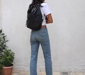 fashion tutorial how to style a white t shirt and jeans, Outfit paired with sleek backpack