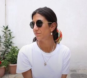 fashion tutorial how to style a white t shirt and jeans, Accesorizing with a scarf and pearl earrings