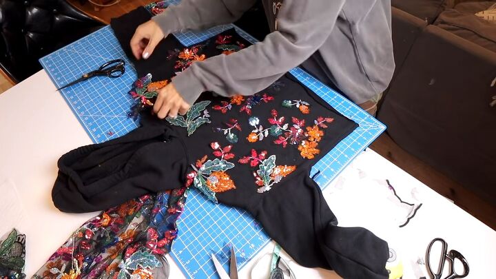 quick no sew diy sequin hoodie tutorial, Laying sequin flowers on hoodie