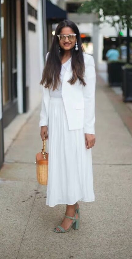 how to rock all white outfits in your 50s, White dress and blazer outfit
