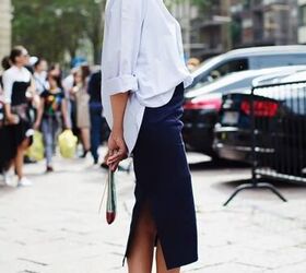 how to rock all white outfits in your 50s, White shirt with navy skirt