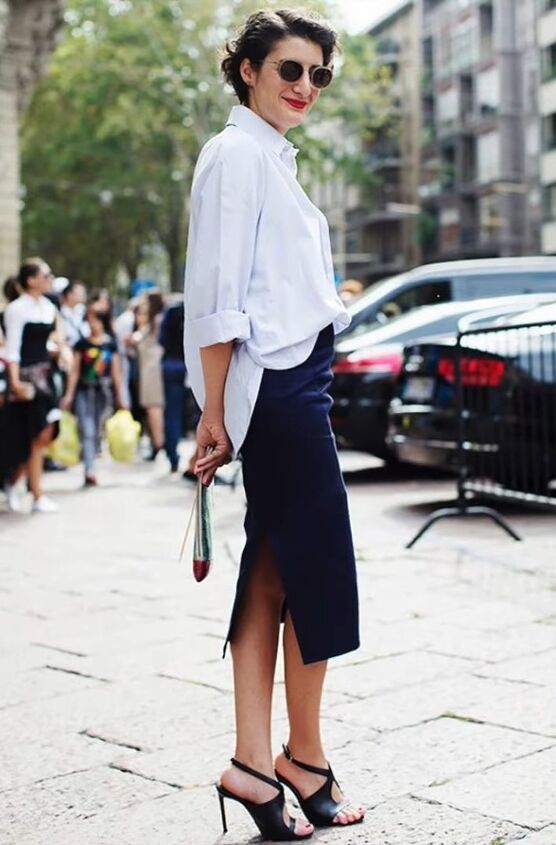 how to rock all white outfits in your 50s, White shirt with navy skirt