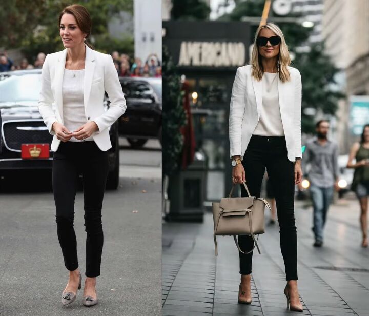 how to rock all white outfits in your 50s, White blazer with black pants