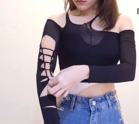 how to make cute diy crop tops from tights, Pulling fabric under slits