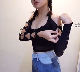 how to make cute diy crop tops from tights, Tying bow