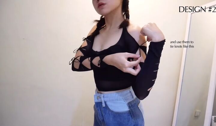 how to make cute diy crop tops from tights, Tying bow