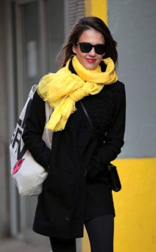 how to wear all black successfully, Black jacket with yellow scarf