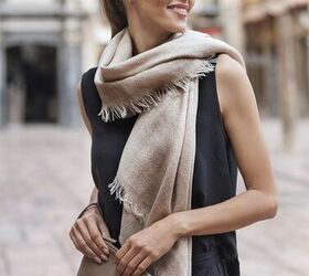 how to wear all black successfully, Black dress with neutral scarf