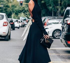 how to wear all black successfully, Black dress with clutch