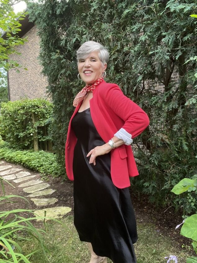 how to wear a slip dress seven different ways, This is how to wear a slip dress with a blazer I ve added a red print bandana around my neck and rolled the cuffs of my red knit blazer