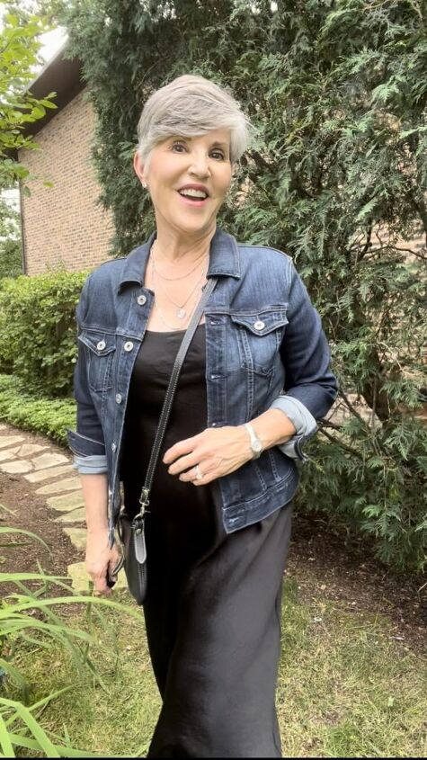 how to wear a slip dress seven different ways, Here I am wearing a black slip dress with a jean jacket as well as Sam Edelman silver loafers for a casual look I am also wearing a black leather crossbody bag