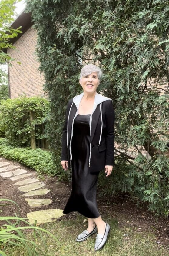 how to wear a slip dress seven different ways, I am wearing a black blazer with a gray knit hoodie inserted over the slip dress in this photo My shoes are the Sam Edelman loafers