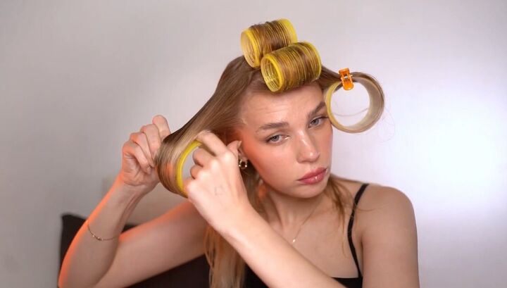 how to cut curtain bangs yourself quick and easy tutorial, Putting hair in rollers
