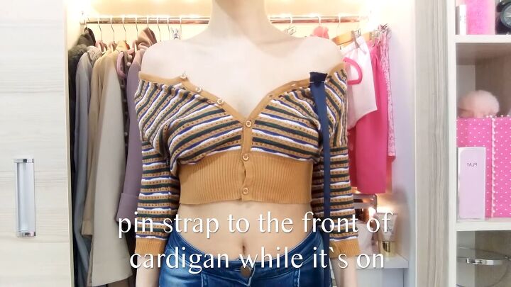 cute and easy diy cardigan upcycle, Pinning strap to front
