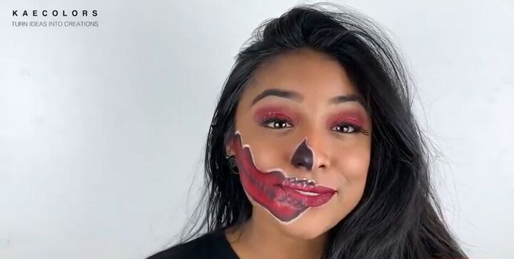 how to do glamorous red skull makeup for halloween, Completed glitter skull makeup look