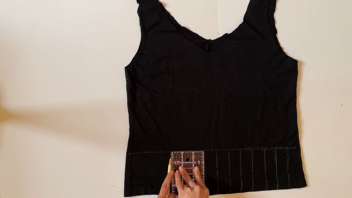 how to make a super cute bag out of a tank top, Marking 1 inch strips
