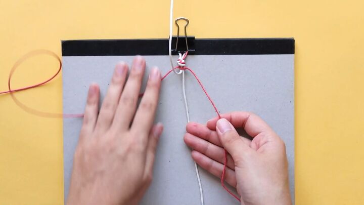 how to make 3 cute macrame friendship bracelets, Braiding white and red cord