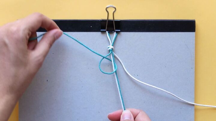 how to make 3 cute macrame friendship bracelets, Braiding blue and white cord