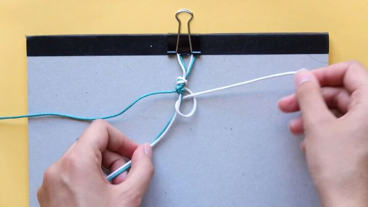 how to make 3 cute macrame friendship bracelets, Braiding blue and white cord