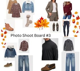 three fall family photo outfits ideas, In this third photo shoot board everyone wears some type of blue denim Mom wears a plaid blazer the girl wears a dark floral dress the boy wears a plaid shirt and a jean jacket with hoodie Dad wears jeans topsiders a plaid shirt and a quarterzip