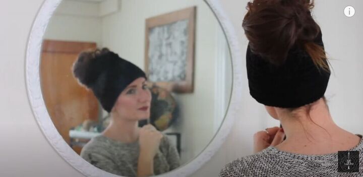 how to make a cozy messy bun beanie, Trying on the messy bun beanie