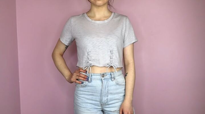 3 super easy diy t shirt cutting ideas, Completed lace up crop top