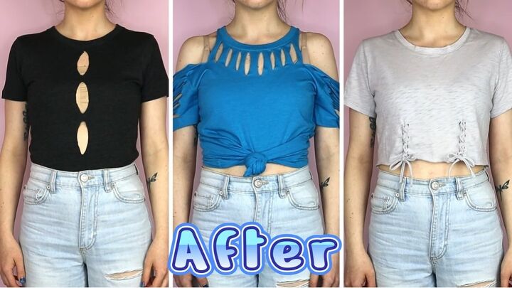 3 super easy diy t shirt cutting ideas, 3 completed DIY t shirt cutting ideas