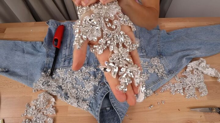 how to create a crystal embellished denim jacket, Applique after burning the mesh