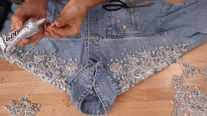 how to create a crystal embellished denim jacket, Gluing the appliques to the jacket