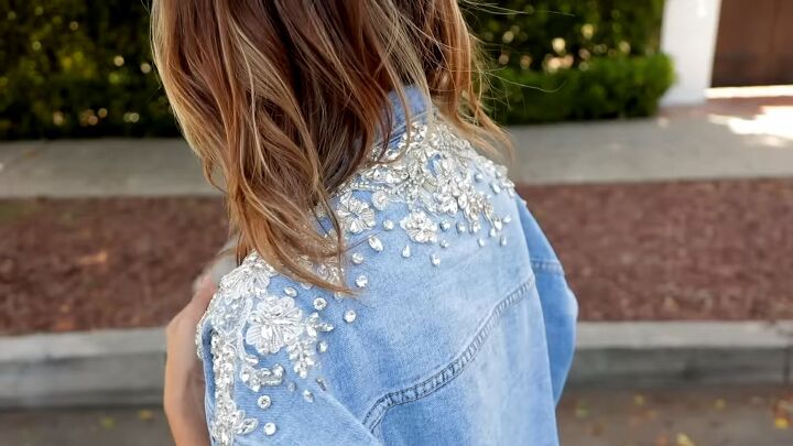 how to create a crystal embellished denim jacket, DIY crystal embellished denim jacket