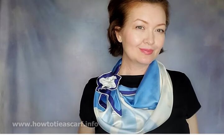 how to wear a silk scarf to elevate any outfit, Completed draped flower silk scarf