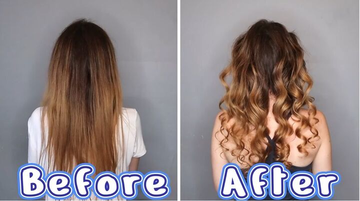 10 easy steps to create gorgeous heatless curls with a t shirt, Before and after Heatless curls with a t shirt