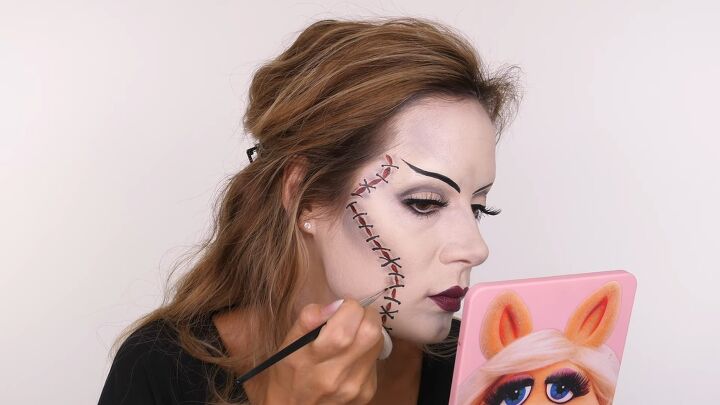 halloween bride of frankenstein makeup tutorial, Adding stitches