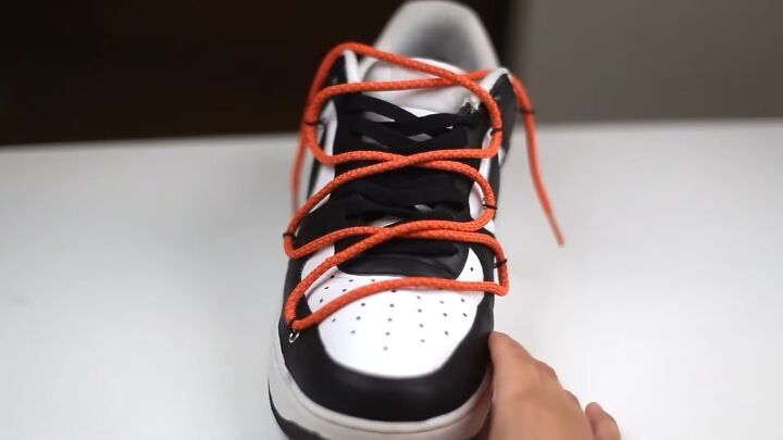 sneakers diy how to transform old shoes, Adding laces to DIY sneakers