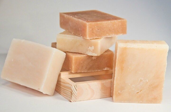 diy sugar scrub cubes with oatmeal for exfoliating, body scrub bars on a soap dish