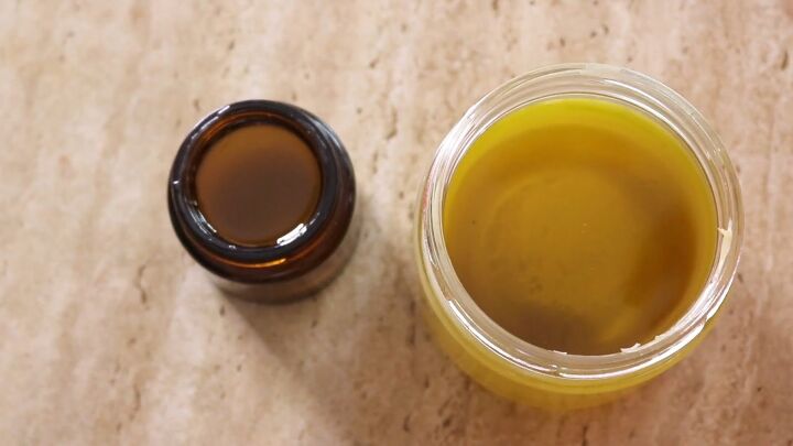 learn how to make a super soothing healing balm, Pouring mixture onto jars Completed DIY healing balm