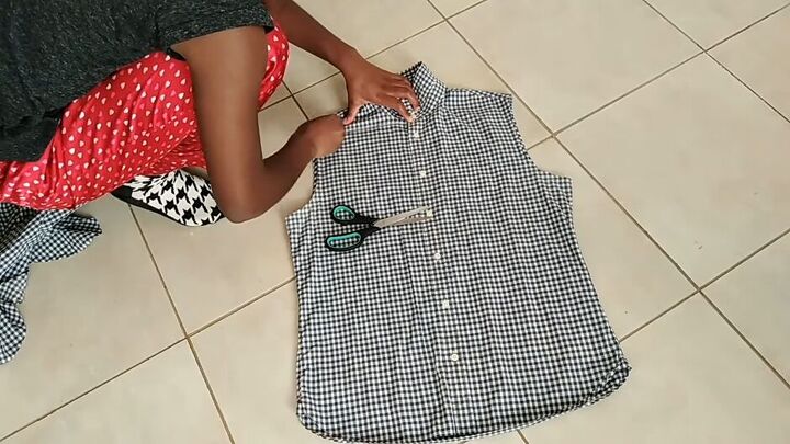 upcycle tutorial how to make a dungaree dress from a men s shirt, Removing top part of shirt