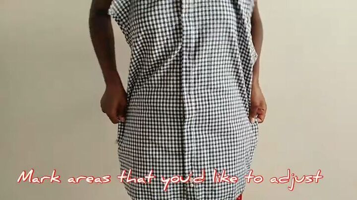 upcycle tutorial how to make a dungaree dress from a men s shirt, Adjusting DIY dress