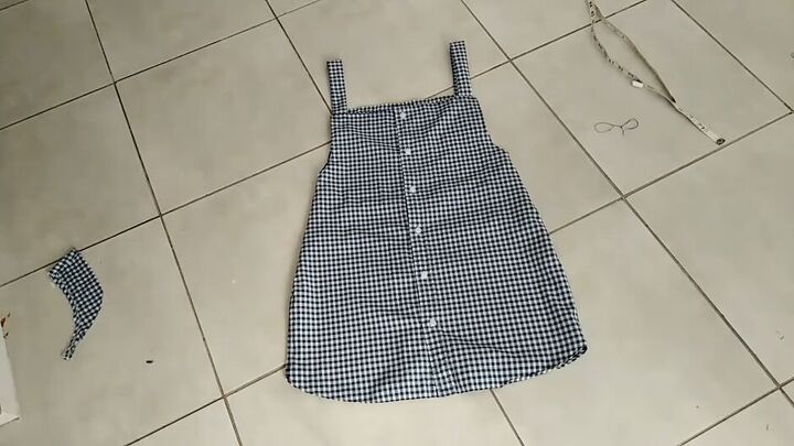 upcycle tutorial how to make a dungaree dress from a men s shirt, Completed DIY dress from shirt