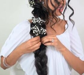 follow this easy mermaid braid tutorial for gorgeous occasion hair, Adding flowers