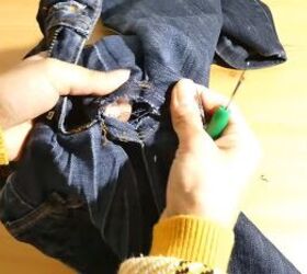 how to upcycle low waisted jeans into high waisted jeans, Cutting the crotch
