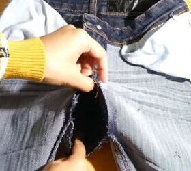 how to upcycle low waisted jeans into high waisted jeans, Large hole in crotch of jeans