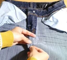 how to upcycle low waisted jeans into high waisted jeans, Pinning hole