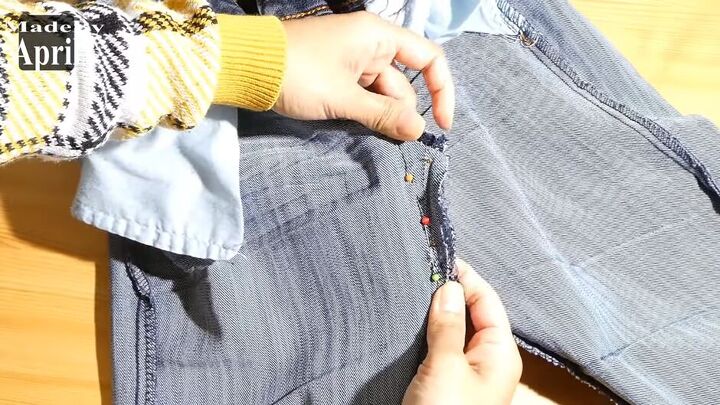 how to upcycle low waisted jeans into high waisted jeans, Pinned hole
