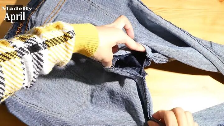 how to upcycle low waisted jeans into high waisted jeans, Hole at back of jeans