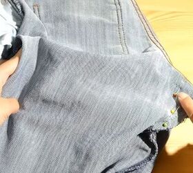 how to upcycle low waisted jeans into high waisted jeans, Pinned fabric